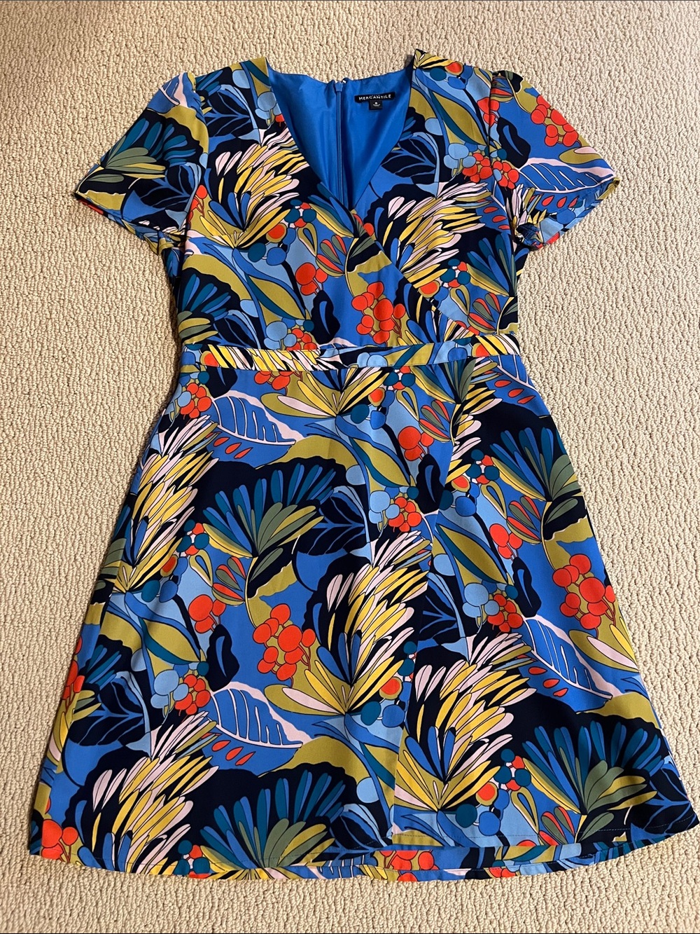 J. Crew Factory Blue Multicolor Floral Fit-and-Flare Dress